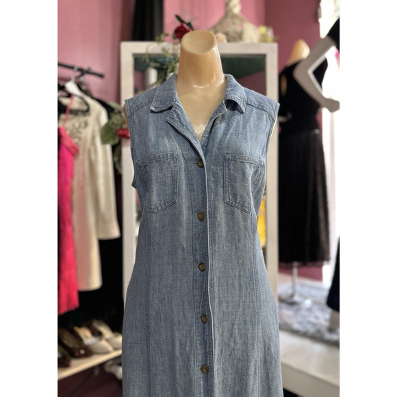 Vintage 90s Linen Maxi Dress Sleeveless Button Down Minimalist Light Wash M/L - Picture 3 of 8